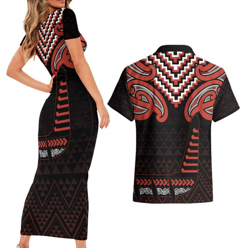 Maori Waitangi Couples Matching Short Sleeve Bodycon Dress and Hawaiian Shirt Kotahitanga Poutama Mix Whakairo - Aussie Hoodie