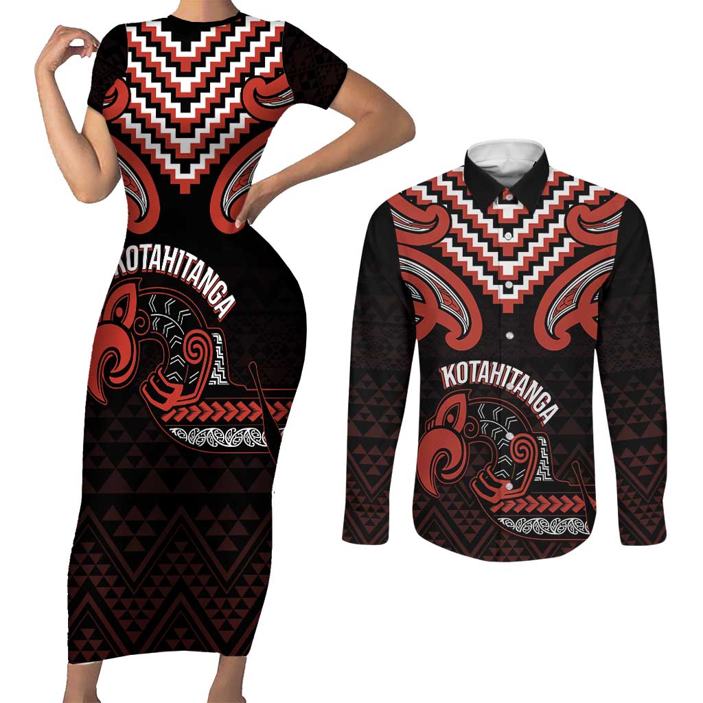Maori Waitangi Couples Matching Short Sleeve Bodycon Dress and Long Sleeve Button Shirt Kotahitanga Poutama Mix Whakairo - Aussie Hoodie