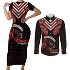 Maori Waitangi Couples Matching Short Sleeve Bodycon Dress and Long Sleeve Button Shirt Kotahitanga Poutama Mix Whakairo - Aussie Hoodie