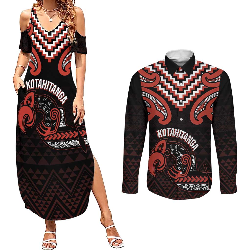 Maori Waitangi Couples Matching Summer Maxi Dress and Long Sleeve Button Shirt Kotahitanga Poutama Mix Whakairo - Aussie Hoodie