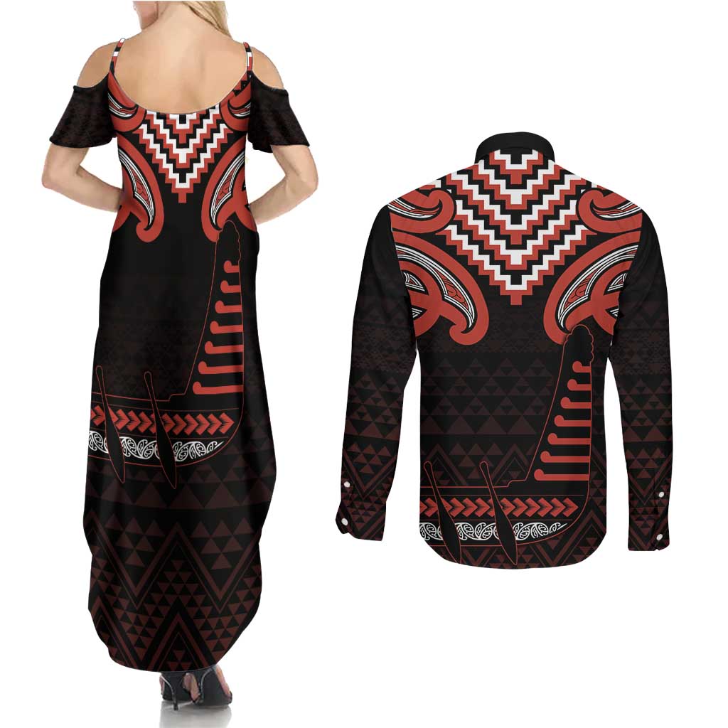 Maori Waitangi Couples Matching Summer Maxi Dress and Long Sleeve Button Shirt Kotahitanga Poutama Mix Whakairo - Aussie Hoodie