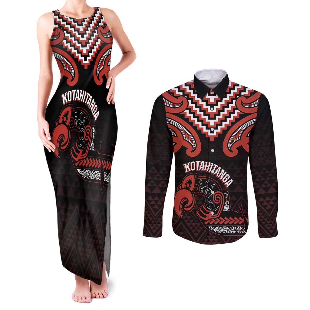 Maori Waitangi Couples Matching Tank Maxi Dress and Long Sleeve Button Shirt Kotahitanga Poutama Mix Whakairo - Aussie Hoodie