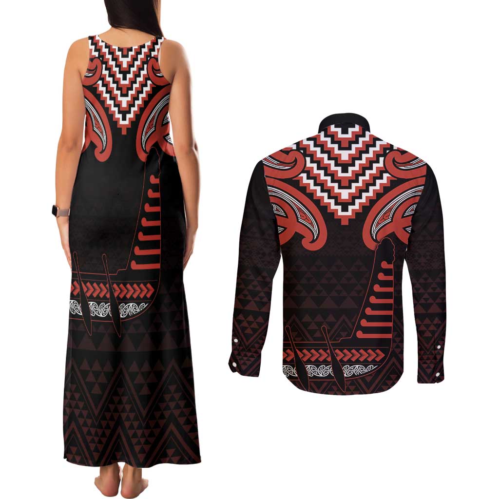 Maori Waitangi Couples Matching Tank Maxi Dress and Long Sleeve Button Shirt Kotahitanga Poutama Mix Whakairo - Aussie Hoodie