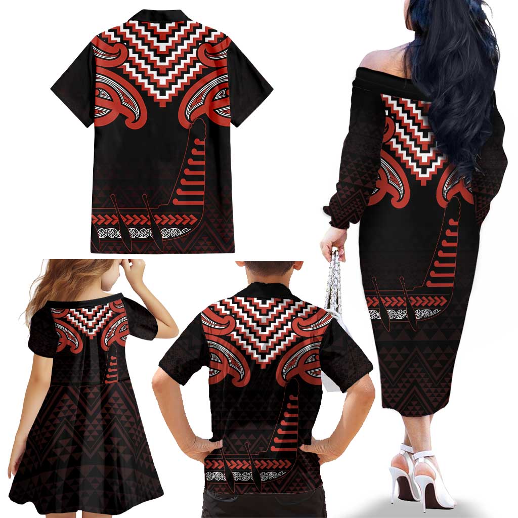 Maori Waitangi Family Matching Off The Shoulder Long Sleeve Dress and Hawaiian Shirt Kotahitanga Poutama Mix Whakairo - Aussie Hoodie