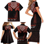 Maori Waitangi Family Matching Short Sleeve Bodycon Dress and Hawaiian Shirt Kotahitanga Poutama Mix Whakairo - Aussie Hoodie