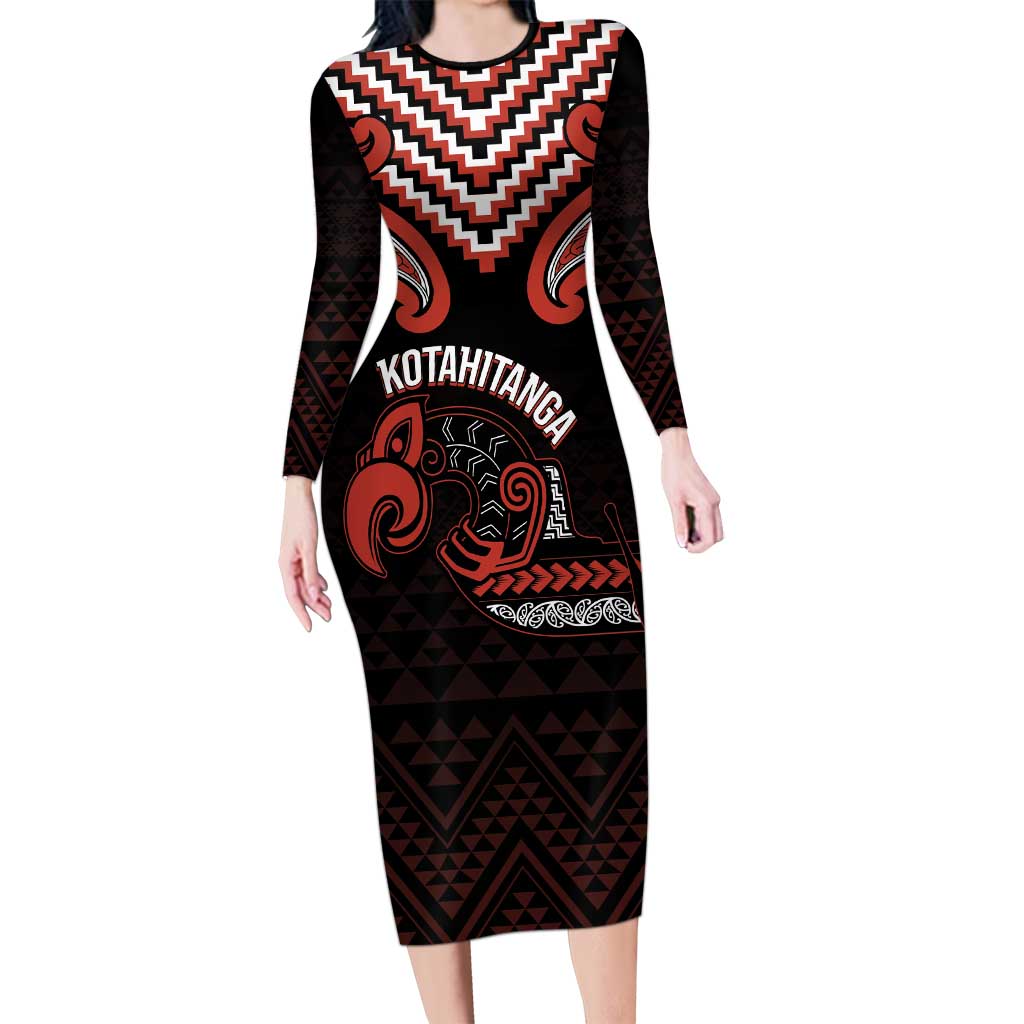 Maori Waitangi Long Sleeve Bodycon Dress Kotahitanga Poutama Mix Whakairo - Aussie Hoodie