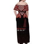Maori Waitangi Off Shoulder Maxi Dress Kotahitanga Poutama Mix Whakairo - Aussie Hoodie