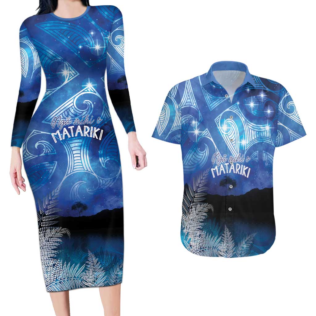 NZ Maori Matariki Scenery Couples Matching Long Sleeve Bodycon Dress and Hawaiian Shirt Galaxy Sky