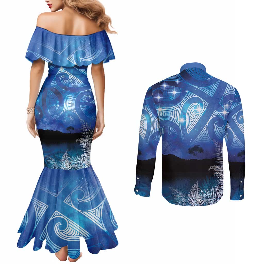 NZ Maori Matariki Scenery Couples Matching Mermaid Dress and Long Sleeve Button Shirt Galaxy Sky