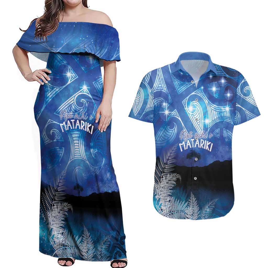 NZ Maori Matariki Scenery Couples Matching Off Shoulder Maxi Dress and Hawaiian Shirt Galaxy Sky