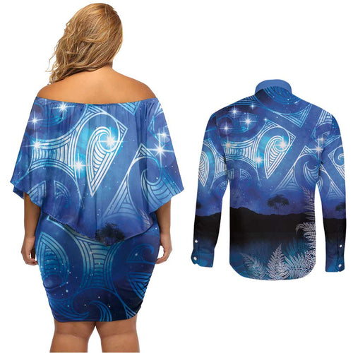 NZ Maori Matariki Scenery Couples Matching Off Shoulder Short Dress and Long Sleeve Button Shirt Galaxy Sky