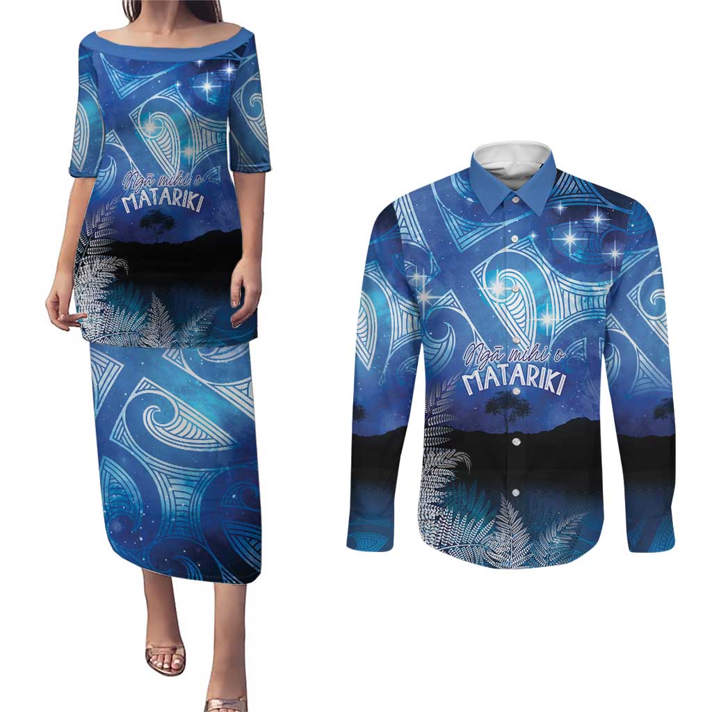 NZ Maori Matariki Scenery Couples Matching Puletasi and Long Sleeve Button Shirt Galaxy Sky