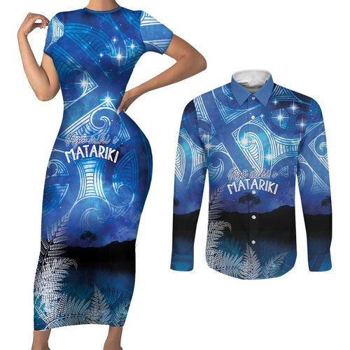 NZ Maori Matariki Scenery Couples Matching Short Sleeve Bodycon Dress and Long Sleeve Button Shirt Galaxy Sky