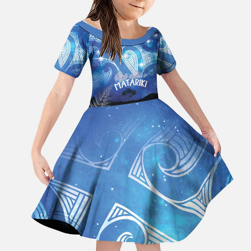 NZ Maori Matariki Scenery Family Matching Off Shoulder Short Dress and Hawaiian Shirt Galaxy Sky