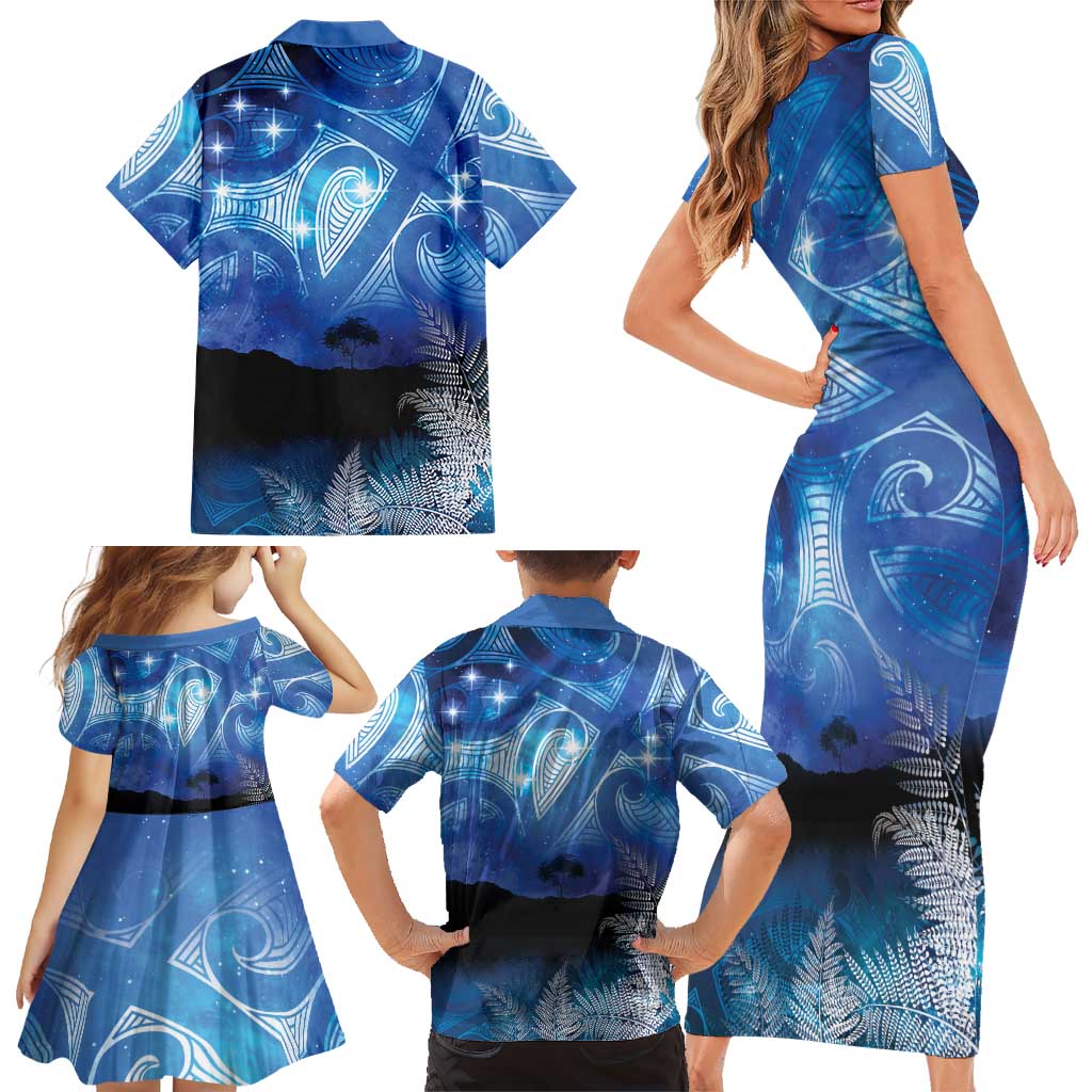 NZ Maori Matariki Scenery Family Matching Short Sleeve Bodycon Dress and Hawaiian Shirt Galaxy Sky