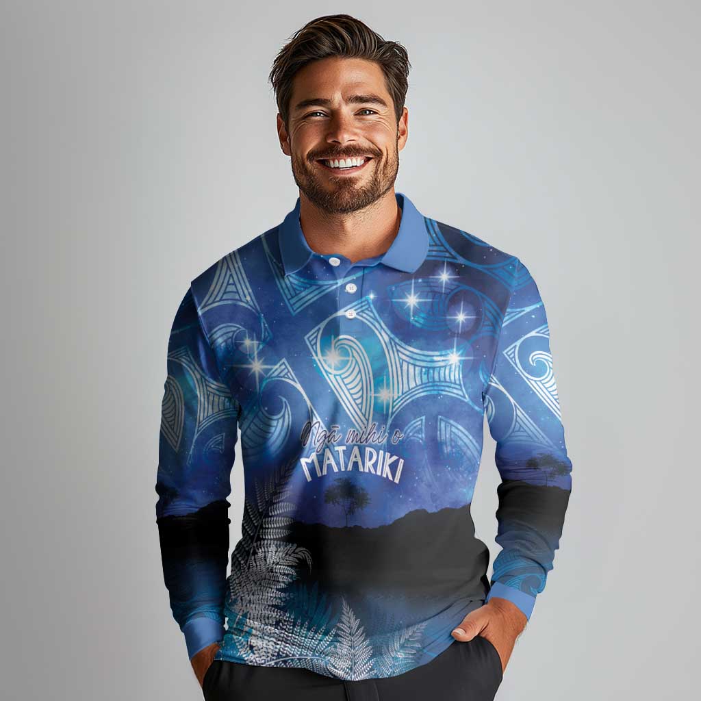 NZ Maori Matariki Scenery Long Sleeve Polo Shirt Galaxy Sky