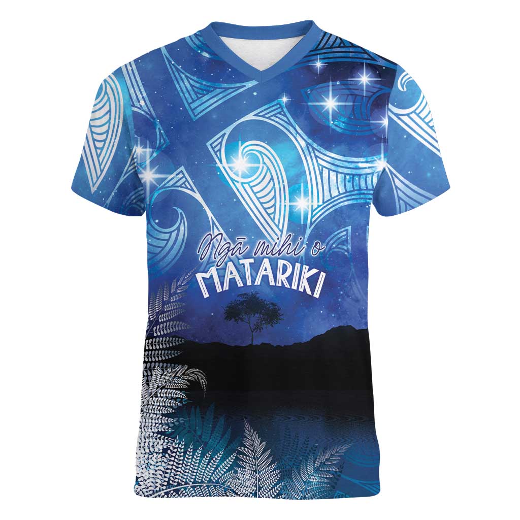 NZ Maori Matariki Scenery Women V-Neck T-Shirt Galaxy Sky