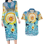 World Ocean Day Aboriginal Arts Indigenous Couples Matching Long Sleeve Bodycon Dress and Hawaiian Shirt Dancing Under Moonlight