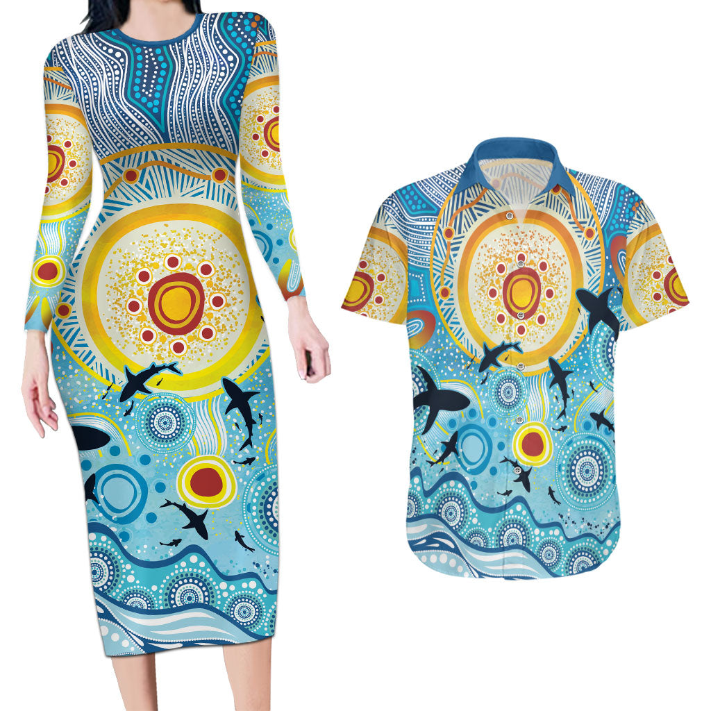World Ocean Day Aboriginal Arts Indigenous Couples Matching Long Sleeve Bodycon Dress and Hawaiian Shirt Dancing Under Moonlight