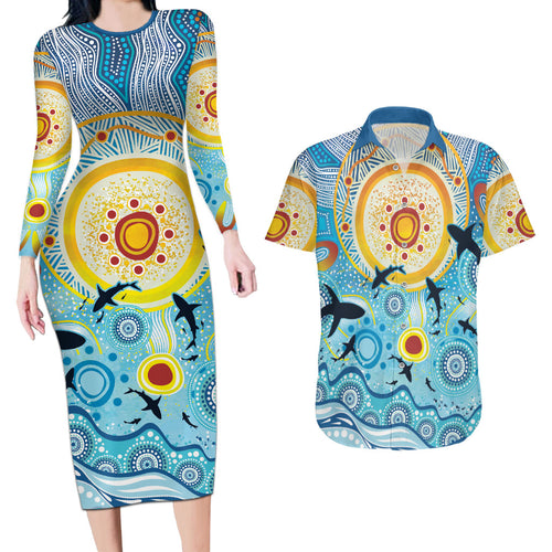 World Ocean Day Aboriginal Arts Indigenous Couples Matching Long Sleeve Bodycon Dress and Hawaiian Shirt Dancing Under Moonlight