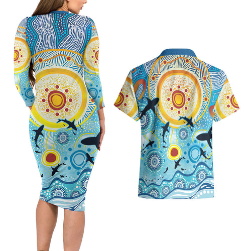 World Ocean Day Aboriginal Arts Indigenous Couples Matching Long Sleeve Bodycon Dress and Hawaiian Shirt Dancing Under Moonlight
