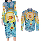 World Ocean Day Aboriginal Arts Indigenous Couples Matching Long Sleeve Bodycon Dress and Long Sleeve Button Shirt Dancing Under Moonlight