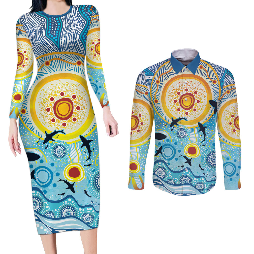 World Ocean Day Aboriginal Arts Indigenous Couples Matching Long Sleeve Bodycon Dress and Long Sleeve Button Shirt Dancing Under Moonlight