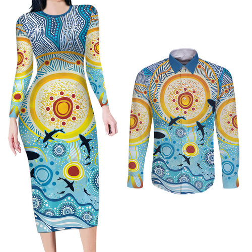 World Ocean Day Aboriginal Arts Indigenous Couples Matching Long Sleeve Bodycon Dress and Long Sleeve Button Shirt Dancing Under Moonlight