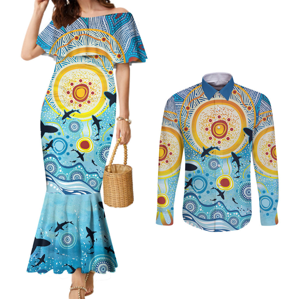 World Ocean Day Aboriginal Arts Indigenous Couples Matching Mermaid Dress and Long Sleeve Button Shirt Dancing Under Moonlight