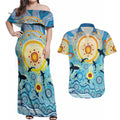 World Ocean Day Aboriginal Arts Indigenous Couples Matching Off Shoulder Maxi Dress and Hawaiian Shirt Dancing Under Moonlight