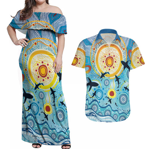 World Ocean Day Aboriginal Arts Indigenous Couples Matching Off Shoulder Maxi Dress and Hawaiian Shirt Dancing Under Moonlight