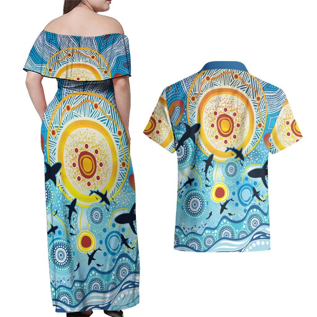 World Ocean Day Aboriginal Arts Indigenous Couples Matching Off Shoulder Maxi Dress and Hawaiian Shirt Dancing Under Moonlight