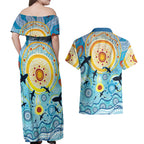 World Ocean Day Aboriginal Arts Indigenous Couples Matching Off Shoulder Maxi Dress and Hawaiian Shirt Dancing Under Moonlight