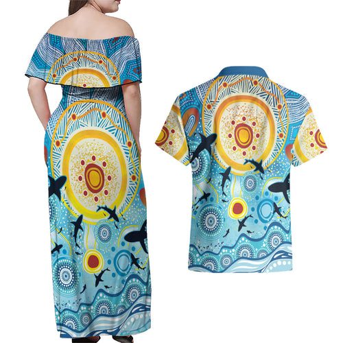World Ocean Day Aboriginal Arts Indigenous Couples Matching Off Shoulder Maxi Dress and Hawaiian Shirt Dancing Under Moonlight