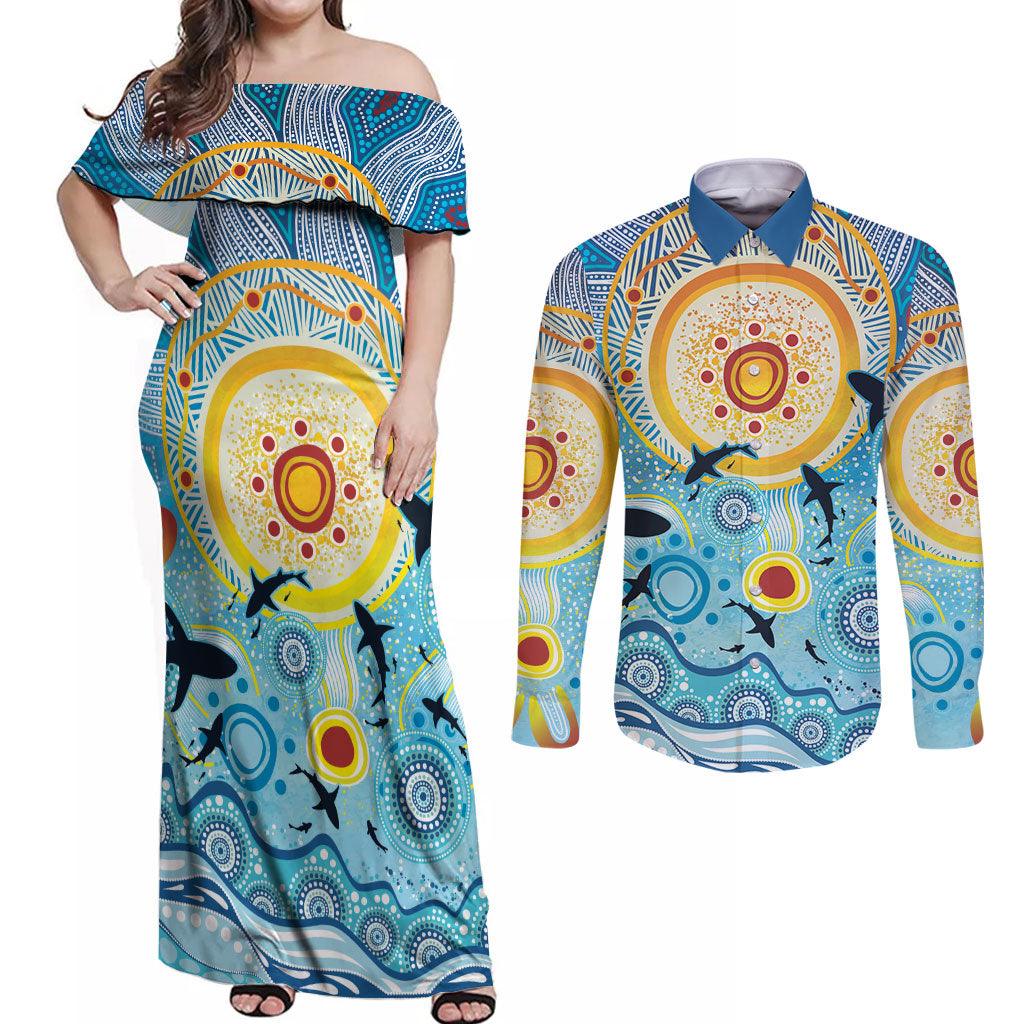 World Ocean Day Aboriginal Arts Indigenous Couples Matching Off Shoulder Maxi Dress and Long Sleeve Button Shirt Dancing Under Moonlight