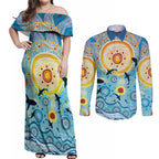World Ocean Day Aboriginal Arts Indigenous Couples Matching Off Shoulder Maxi Dress and Long Sleeve Button Shirt Dancing Under Moonlight