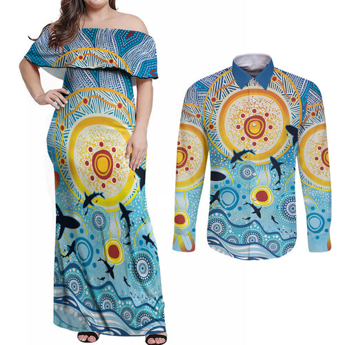 World Ocean Day Aboriginal Arts Indigenous Couples Matching Off Shoulder Maxi Dress and Long Sleeve Button Shirt Dancing Under Moonlight