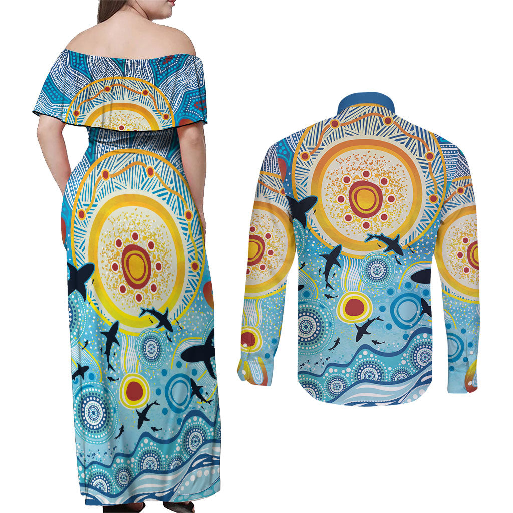 World Ocean Day Aboriginal Arts Indigenous Couples Matching Off Shoulder Maxi Dress and Long Sleeve Button Shirt Dancing Under Moonlight