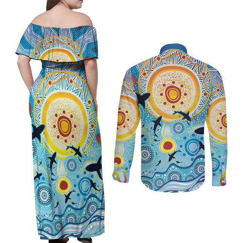 World Ocean Day Aboriginal Arts Indigenous Couples Matching Off Shoulder Maxi Dress and Long Sleeve Button Shirt Dancing Under Moonlight