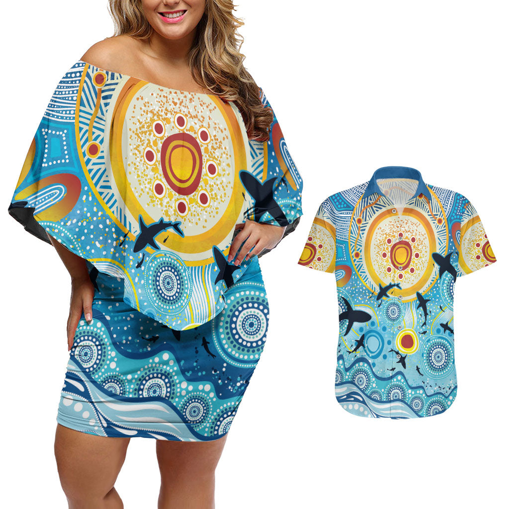 World Ocean Day Aboriginal Arts Indigenous Couples Matching Off Shoulder Short Dress and Hawaiian Shirt Dancing Under Moonlight