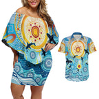 World Ocean Day Aboriginal Arts Indigenous Couples Matching Off Shoulder Short Dress and Hawaiian Shirt Dancing Under Moonlight