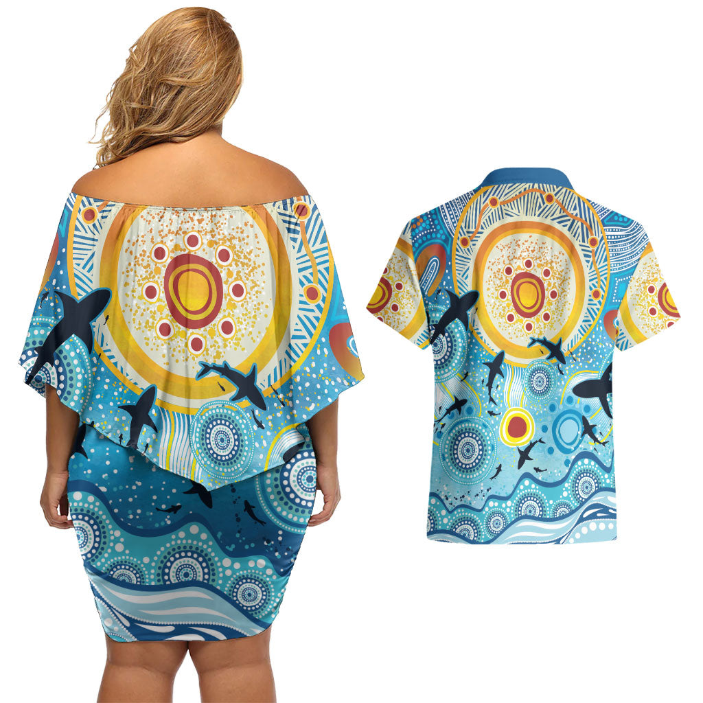 World Ocean Day Aboriginal Arts Indigenous Couples Matching Off Shoulder Short Dress and Hawaiian Shirt Dancing Under Moonlight