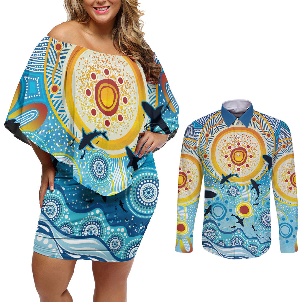 World Ocean Day Aboriginal Arts Indigenous Couples Matching Off Shoulder Short Dress and Long Sleeve Button Shirt Dancing Under Moonlight