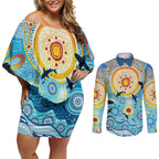 World Ocean Day Aboriginal Arts Indigenous Couples Matching Off Shoulder Short Dress and Long Sleeve Button Shirt Dancing Under Moonlight