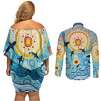 World Ocean Day Aboriginal Arts Indigenous Couples Matching Off Shoulder Short Dress and Long Sleeve Button Shirt Dancing Under Moonlight