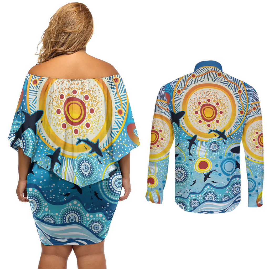 World Ocean Day Aboriginal Arts Indigenous Couples Matching Off Shoulder Short Dress and Long Sleeve Button Shirt Dancing Under Moonlight