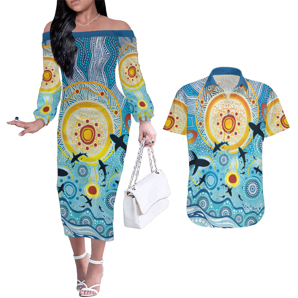 World Ocean Day Aboriginal Arts Indigenous Couples Matching Off The Shoulder Long Sleeve Dress and Hawaiian Shirt Dancing Under Moonlight