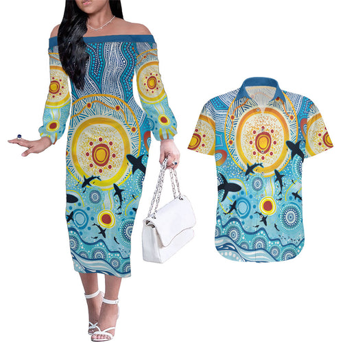 World Ocean Day Aboriginal Arts Indigenous Couples Matching Off The Shoulder Long Sleeve Dress and Hawaiian Shirt Dancing Under Moonlight