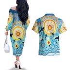 World Ocean Day Aboriginal Arts Indigenous Couples Matching Off The Shoulder Long Sleeve Dress and Hawaiian Shirt Dancing Under Moonlight