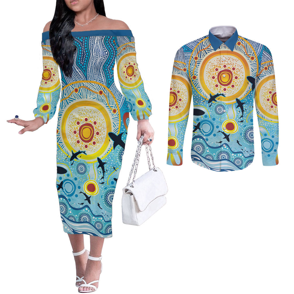 World Ocean Day Aboriginal Arts Indigenous Couples Matching Off The Shoulder Long Sleeve Dress and Long Sleeve Button Shirt Dancing Under Moonlight
